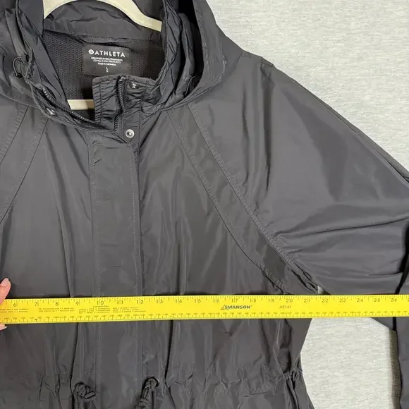 Athleta Size Large Windout Jacket Long Rain Coat Black Hooded - Picture 6 of 12